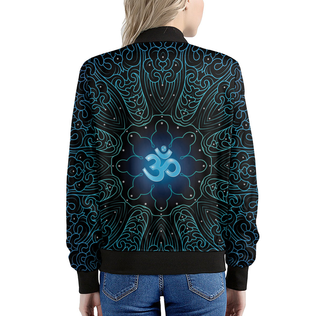 Blue Om Mandala Print Women's Bomber Jacket