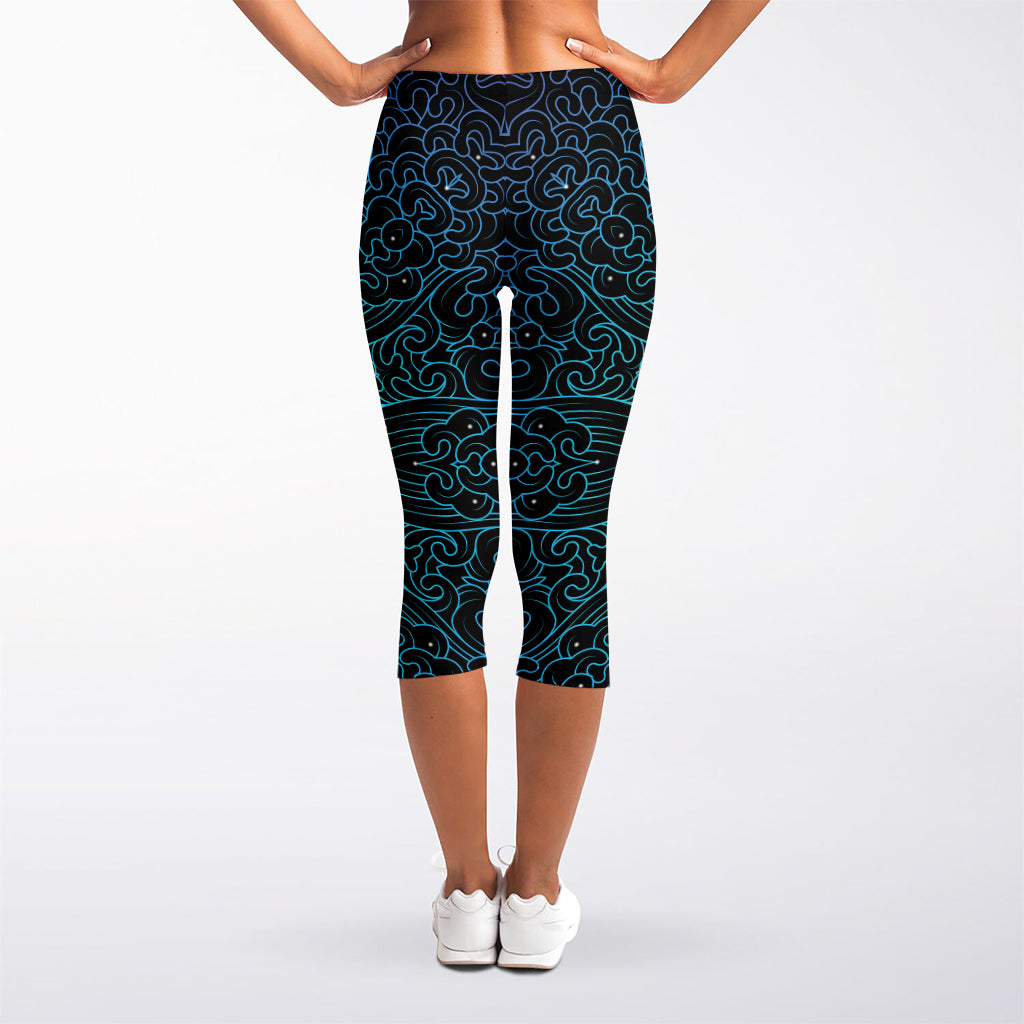 Blue Om Mandala Print Women's Capri Leggings