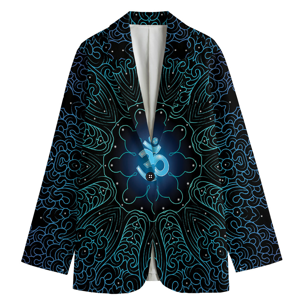 Blue Om Mandala Print Women's Cotton Blazer