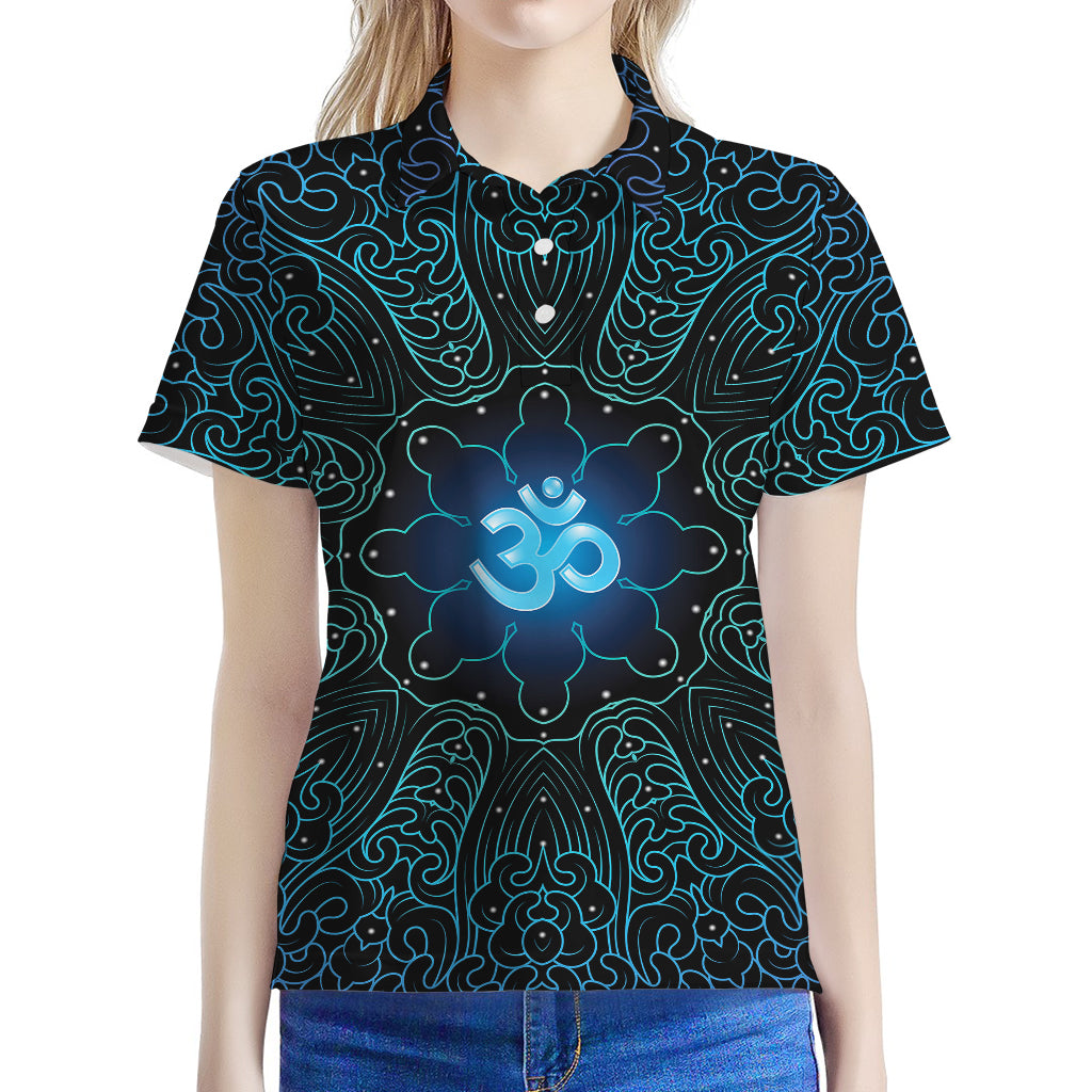 Blue Om Mandala Print Women's Polo Shirt