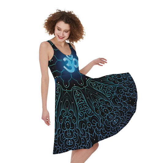 Blue Om Mandala Print Women's Sleeveless Dress