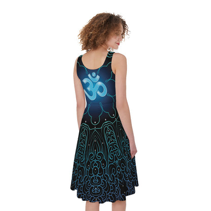 Blue Om Mandala Print Women's Sleeveless Dress
