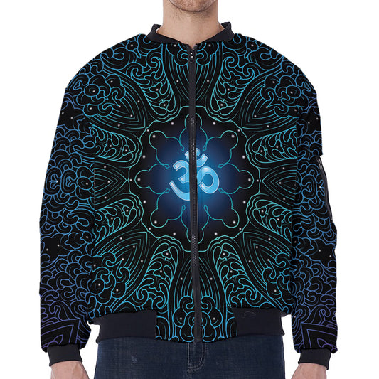 Blue Om Mandala Print Zip Sleeve Bomber Jacket