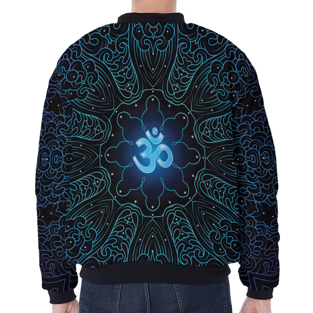 Blue Om Mandala Print Zip Sleeve Bomber Jacket
