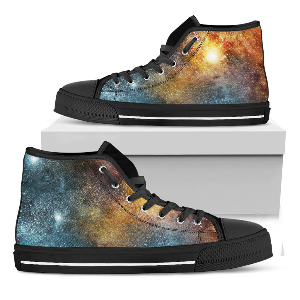 Blue Orange Stardust Galaxy Space Print Black High Top Sneakers
