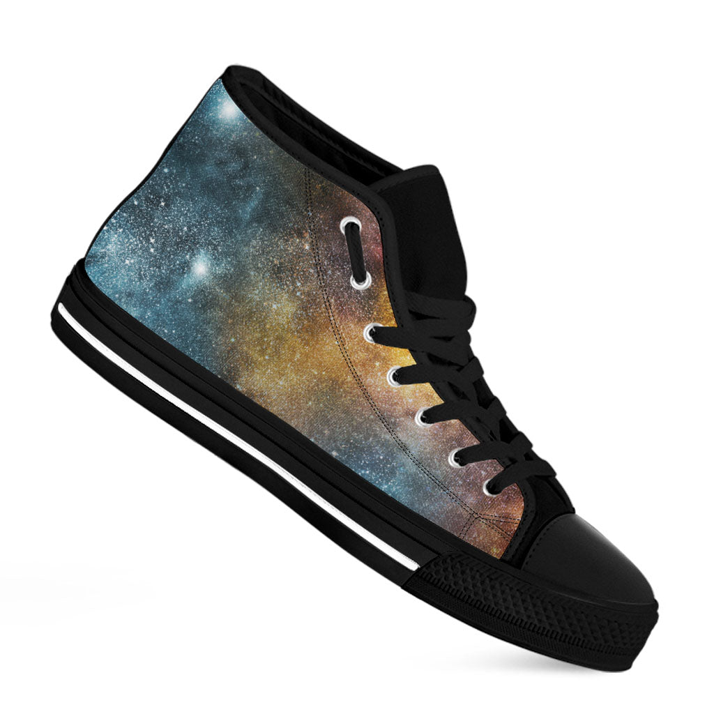 Blue Orange Stardust Galaxy Space Print Black High Top Sneakers