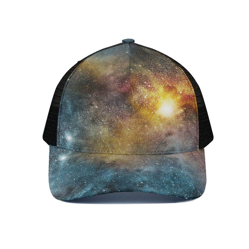 Blue Orange Stardust Galaxy Space Print Black Mesh Trucker Cap
