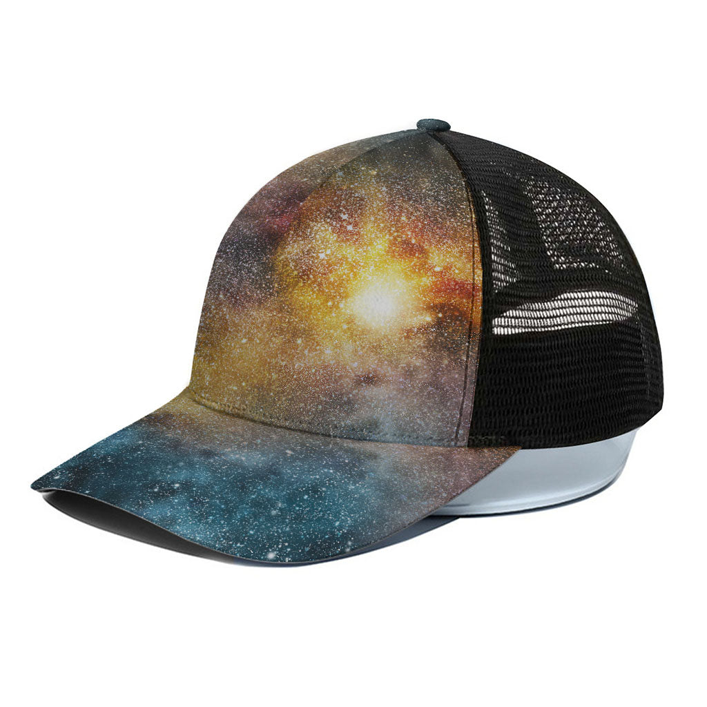 Blue Orange Stardust Galaxy Space Print Black Mesh Trucker Cap
