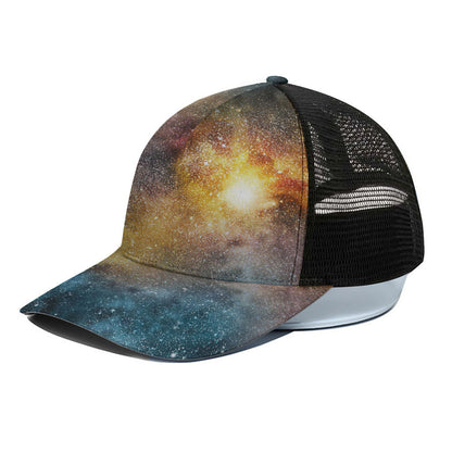 Blue Orange Stardust Galaxy Space Print Black Mesh Trucker Cap