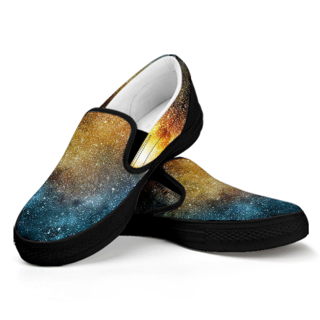 Blue Orange Stardust Galaxy Space Print Black Slip On Sneakers