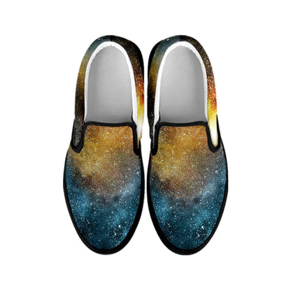 Blue Orange Stardust Galaxy Space Print Black Slip On Sneakers