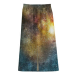 Blue Orange Stardust Galaxy Space Print Cotton Front Slit Maxi Skirt
