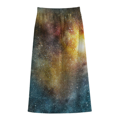 Blue Orange Stardust Galaxy Space Print Cotton Front Slit Maxi Skirt