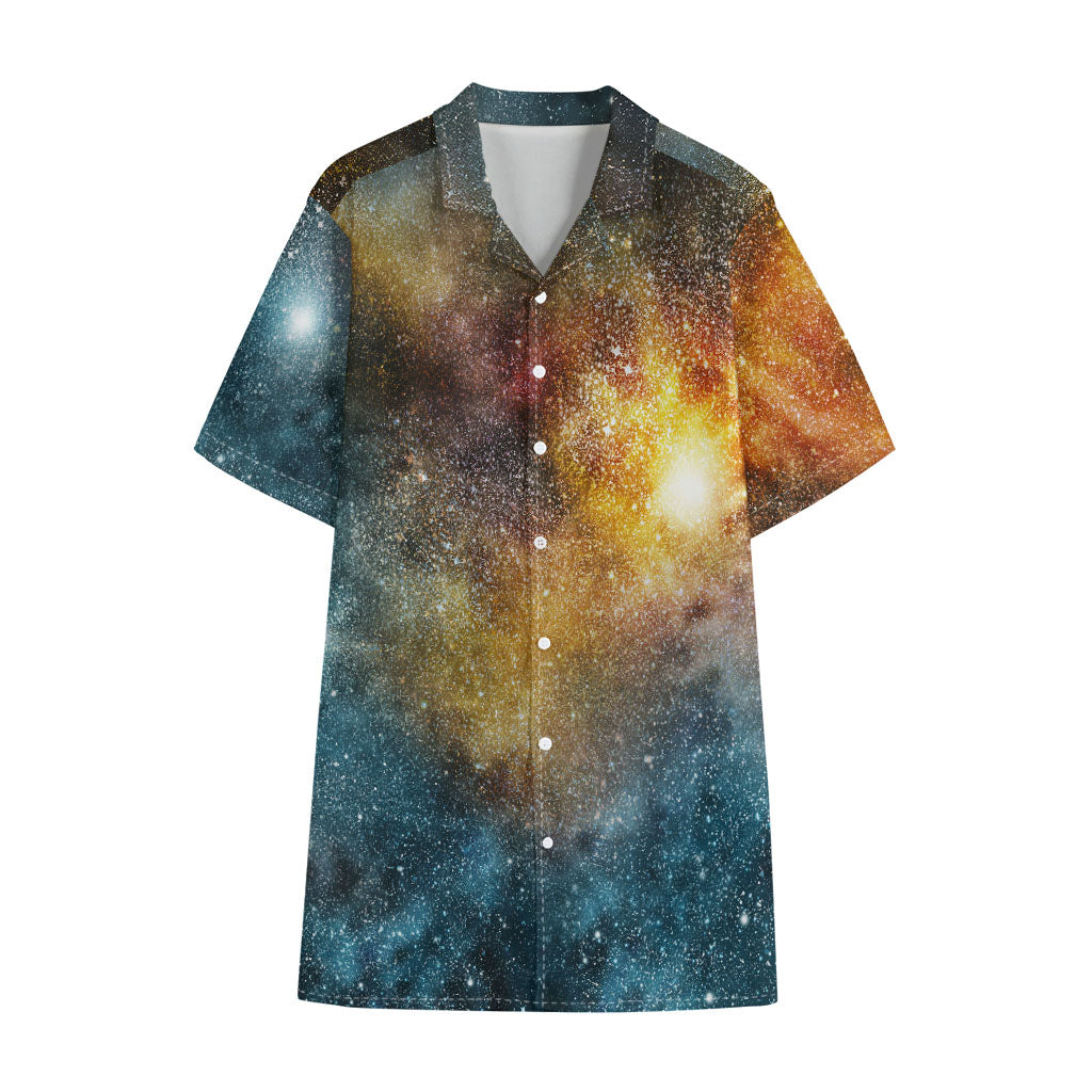 Blue Orange Stardust Galaxy Space Print Cotton Hawaiian Shirt