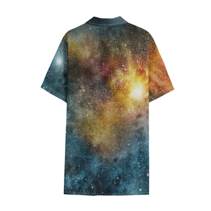 Blue Orange Stardust Galaxy Space Print Cotton Hawaiian Shirt