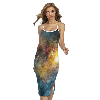 Blue Orange Stardust Galaxy Space Print Cross Back Cami Dress