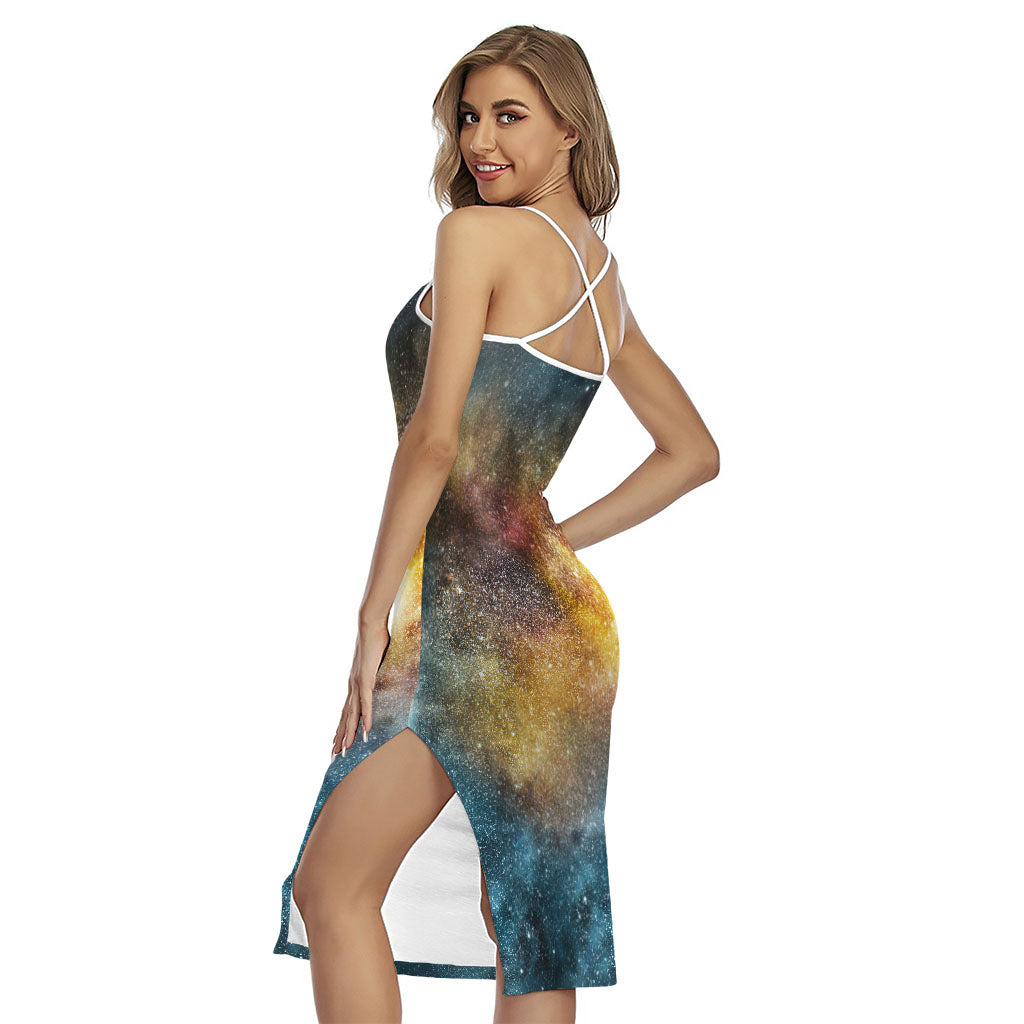 Blue Orange Stardust Galaxy Space Print Cross Back Cami Dress