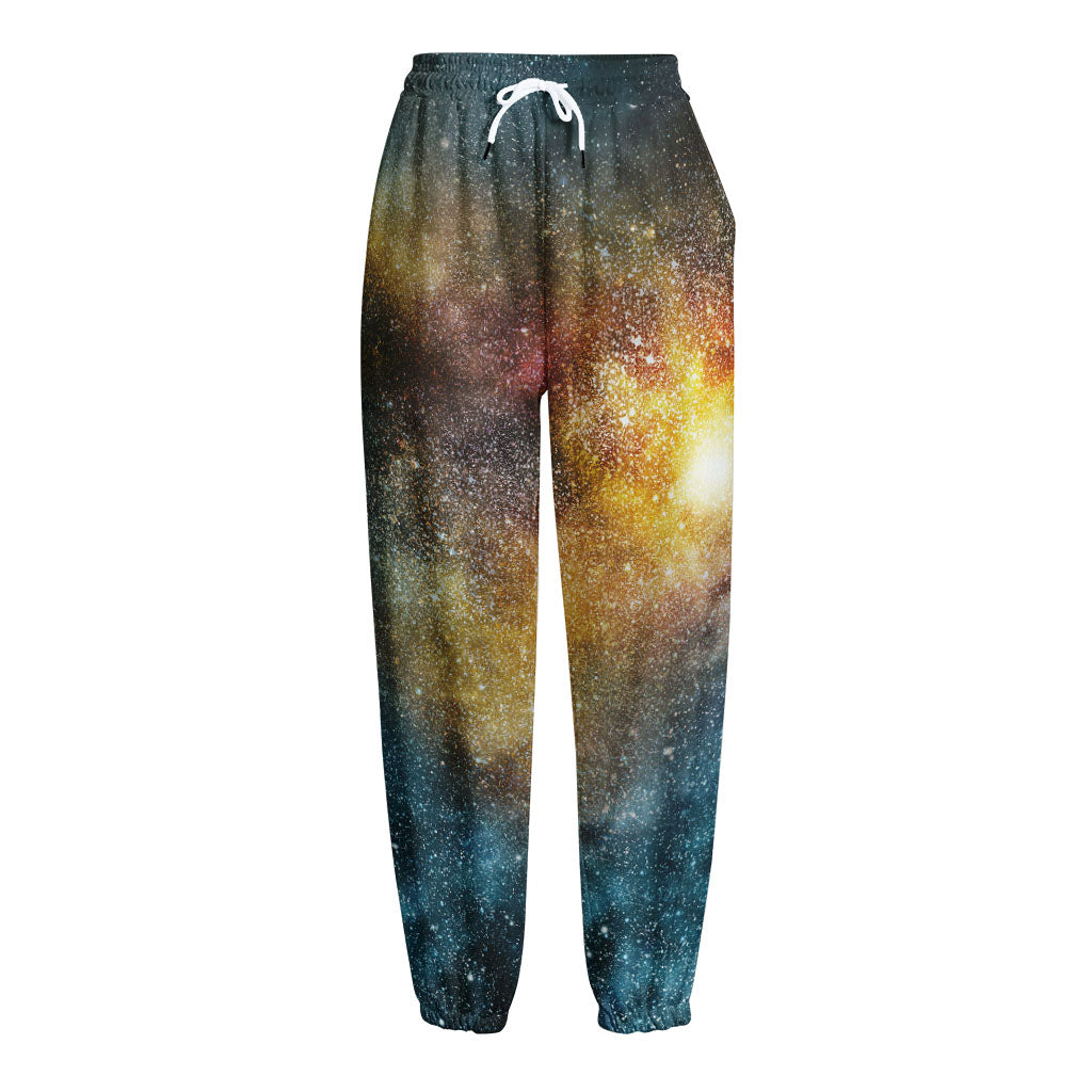 Blue Orange Stardust Galaxy Space Print Fleece Lined Knit Pants
