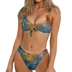 Blue Orange Stardust Galaxy Space Print Front Bow Tie Bikini