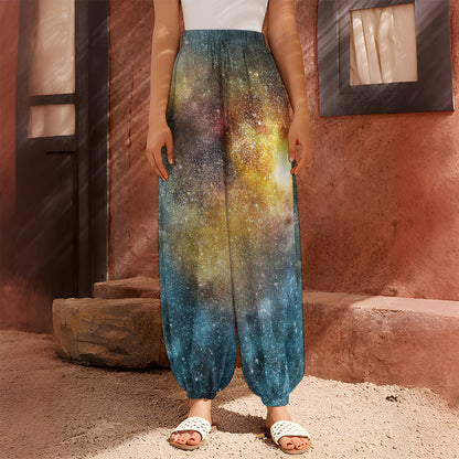 Blue Orange Stardust Galaxy Space Print Harem Pants