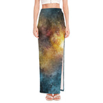 Blue Orange Stardust Galaxy Space Print High Slit Maxi Skirt