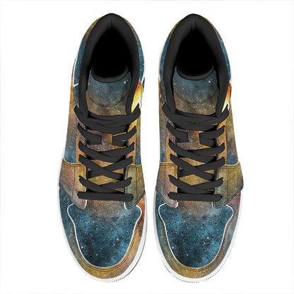 Blue Orange Stardust Galaxy Space Print High Top Leather Sneakers