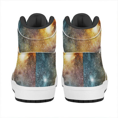 Blue Orange Stardust Galaxy Space Print High Top Leather Sneakers