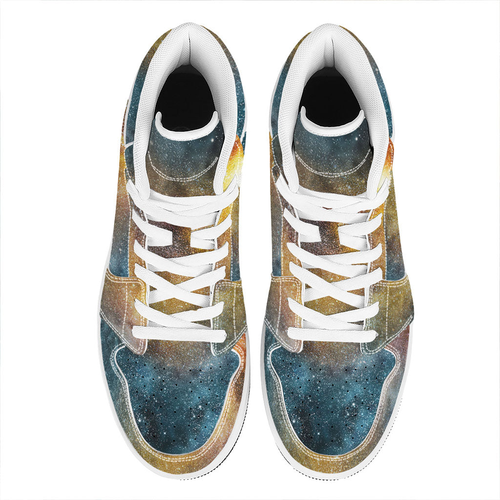Blue Orange Stardust Galaxy Space Print High Top Leather Sneakers
