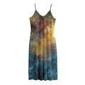Blue Orange Stardust Galaxy Space Print Jersey Midi Cami Dress