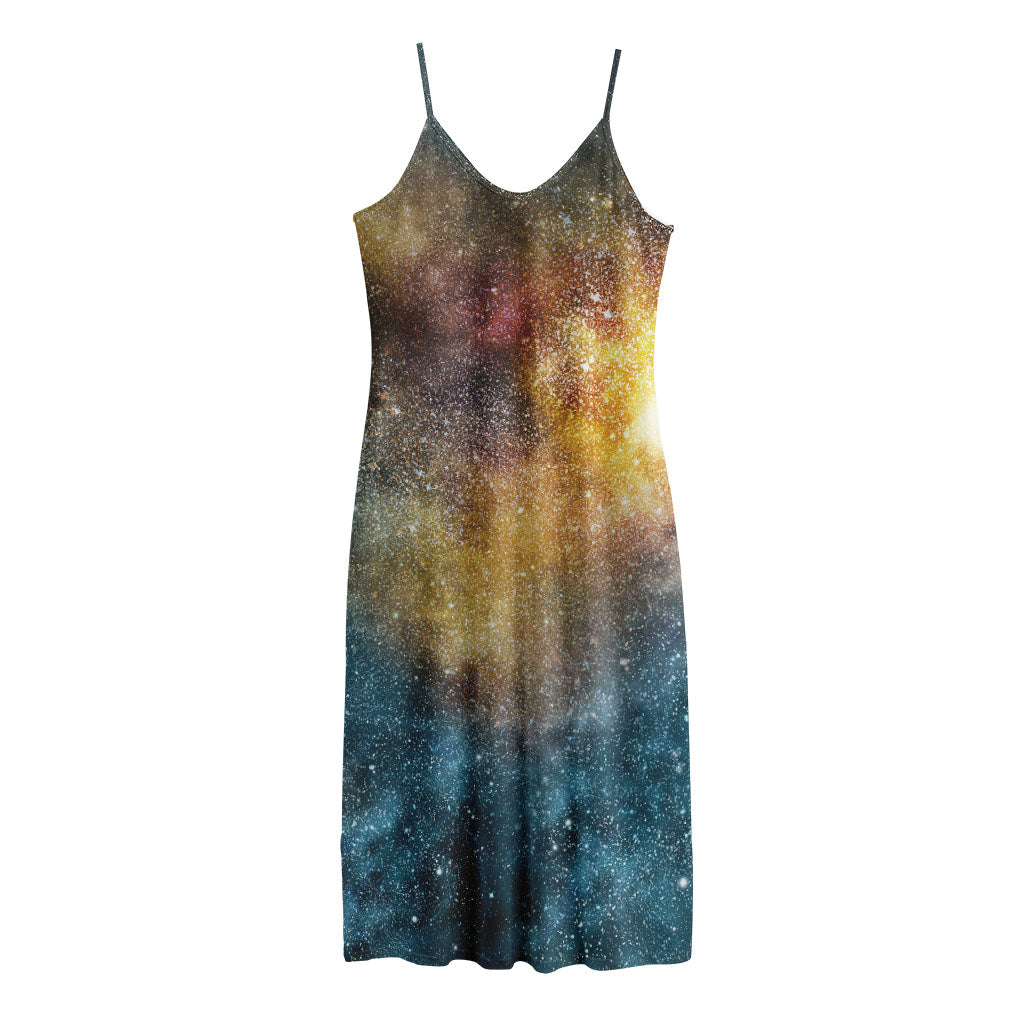 Blue Orange Stardust Galaxy Space Print Jersey Midi Cami Dress