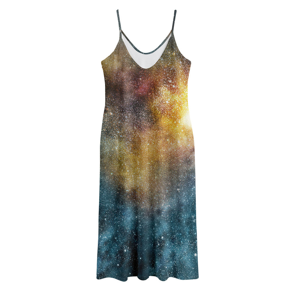Blue Orange Stardust Galaxy Space Print Jersey Midi Cami Dress