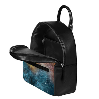 Blue Orange Stardust Galaxy Space Print Leather Backpack