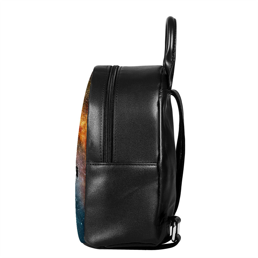 Blue Orange Stardust Galaxy Space Print Leather Backpack