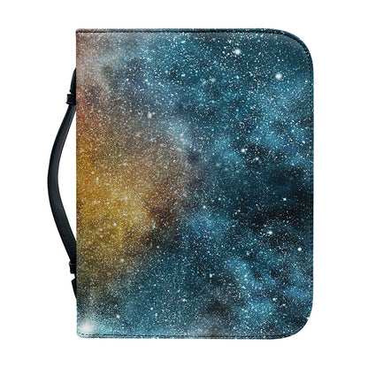 Blue Orange Stardust Galaxy Space Print Leather Bible Cover
