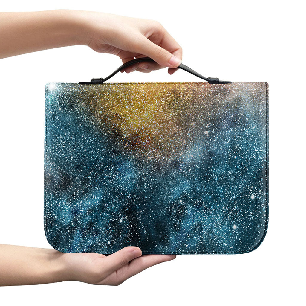 Blue Orange Stardust Galaxy Space Print Leather Bible Cover