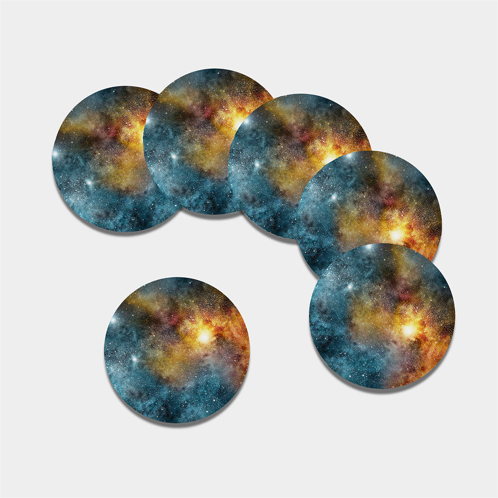 Blue Orange Stardust Galaxy Space Print Leather Coaster Set