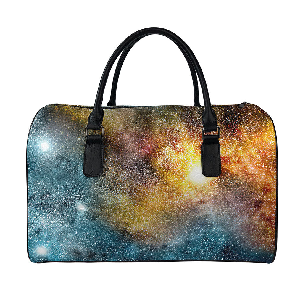 Blue Orange Stardust Galaxy Space Print Leather Duffle Bag