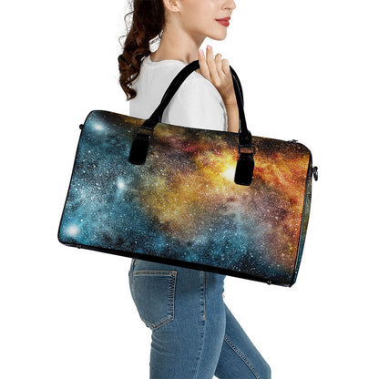 Blue Orange Stardust Galaxy Space Print Leather Duffle Bag