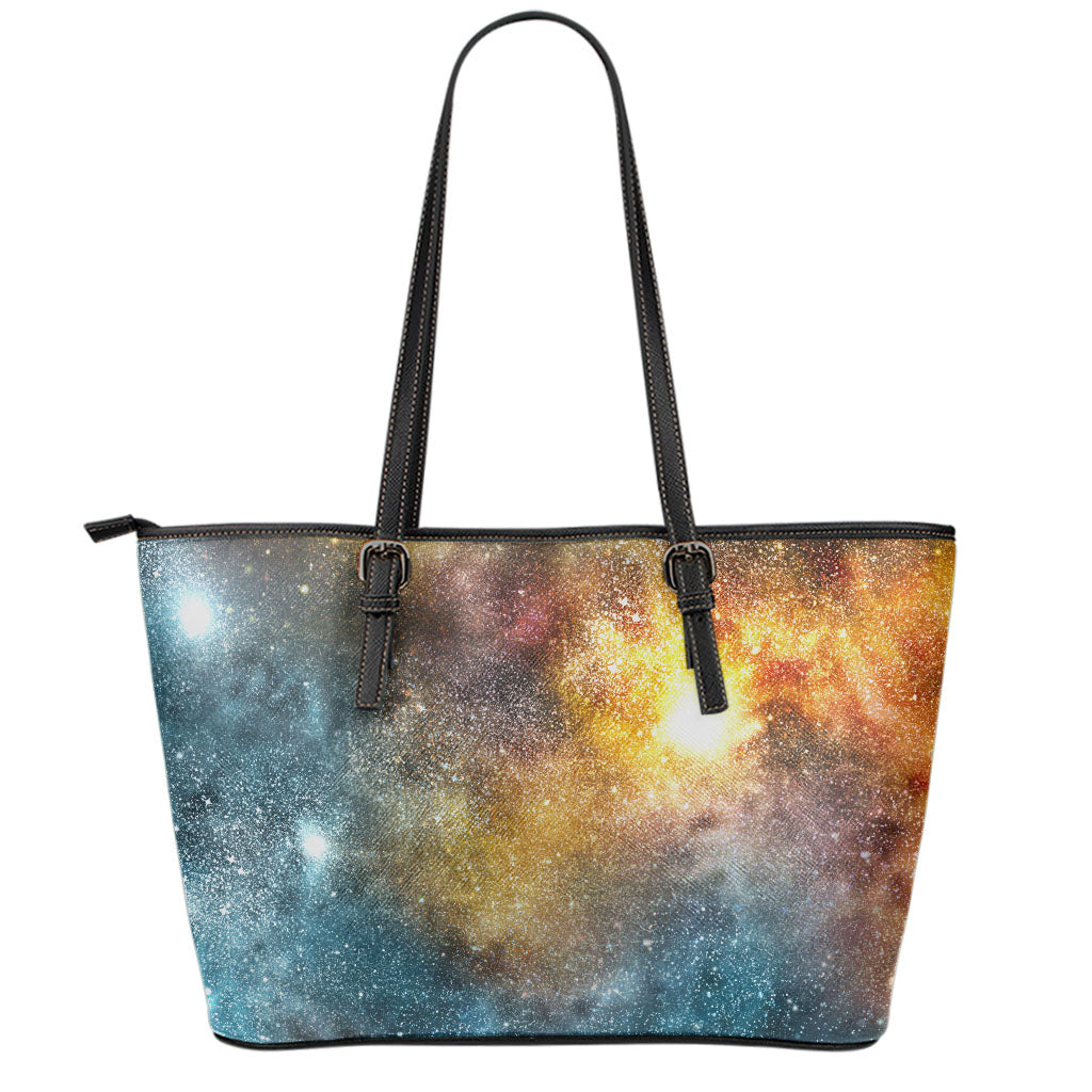 Blue Orange Stardust Galaxy Space Print Leather Tote Bag