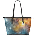 Blue Orange Stardust Galaxy Space Print Leather Tote Bag With Zipper