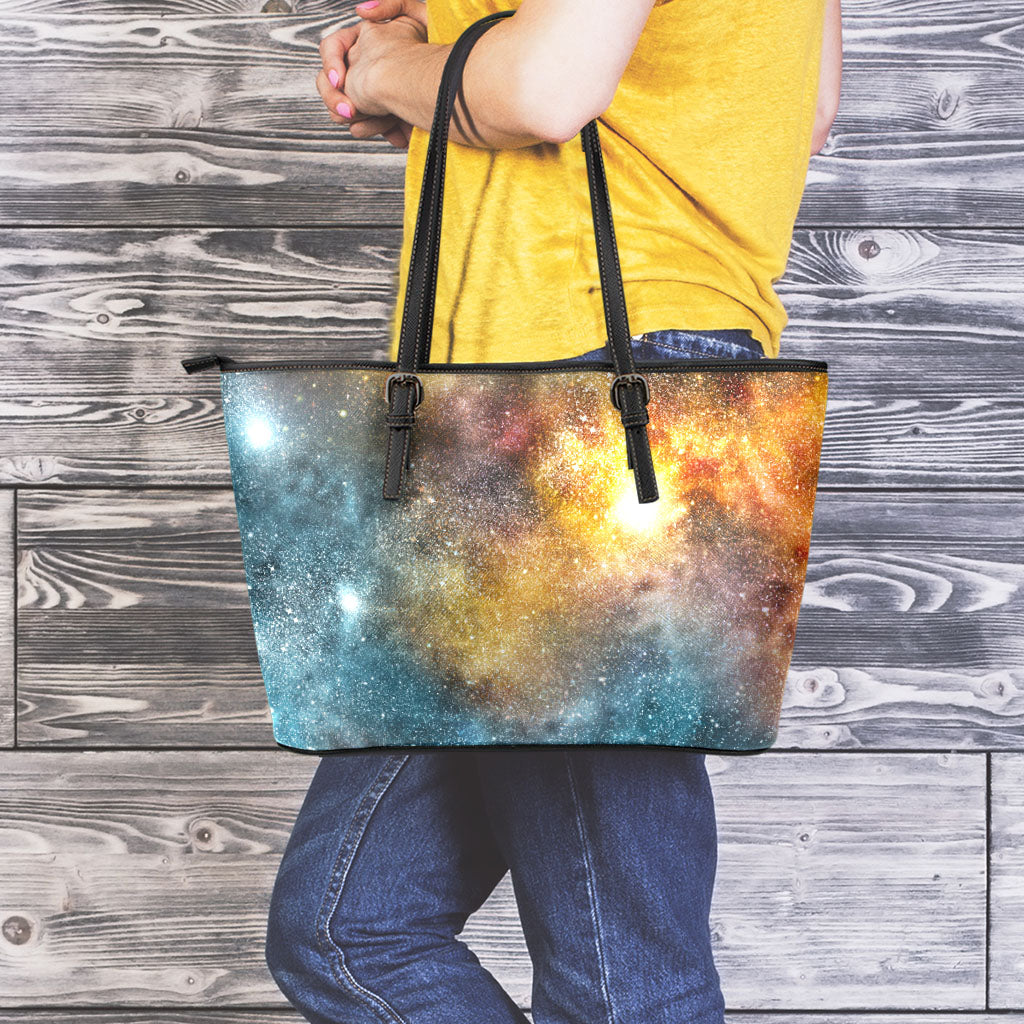 Blue Orange Stardust Galaxy Space Print Leather Tote Bag