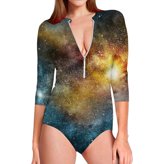 Blue Orange Stardust Galaxy Space Print Long Sleeve Swimsuit