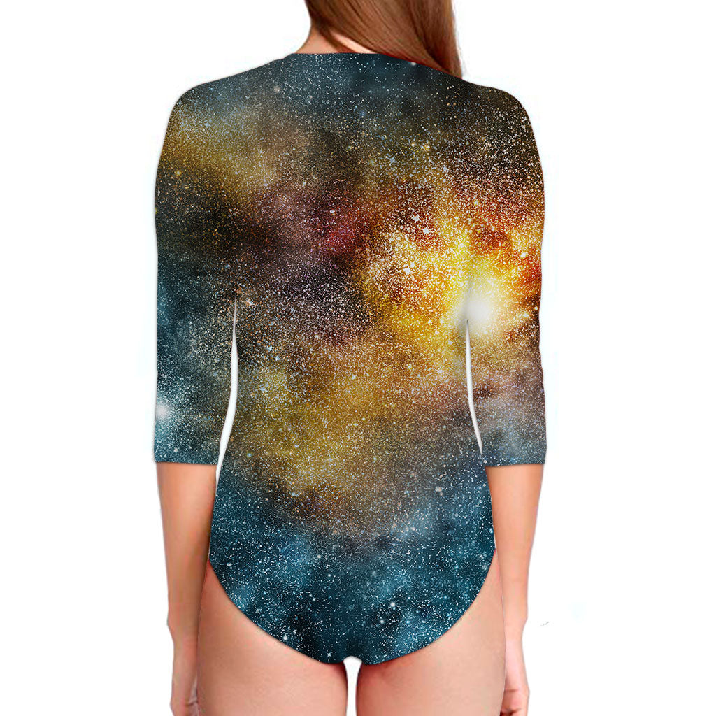Blue Orange Stardust Galaxy Space Print Long Sleeve Swimsuit