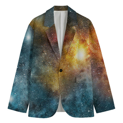 Blue Orange Stardust Galaxy Space Print Men's Cotton Blazer