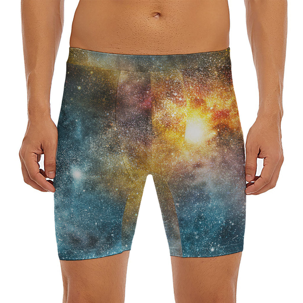 Blue Orange Stardust Galaxy Space Print Men's Long Boxer Briefs
