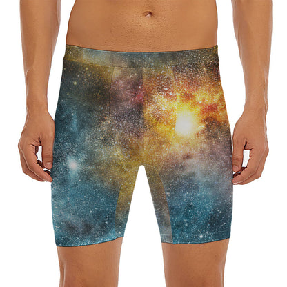 Blue Orange Stardust Galaxy Space Print Men's Long Boxer Briefs
