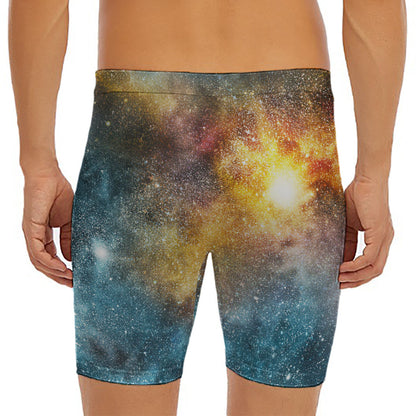 Blue Orange Stardust Galaxy Space Print Men's Long Boxer Briefs