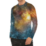 Blue Orange Stardust Galaxy Space Print Men's Long Sleeve Rash Guard