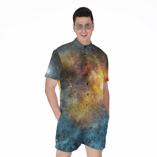 Blue Orange Stardust Galaxy Space Print Men's Rompers