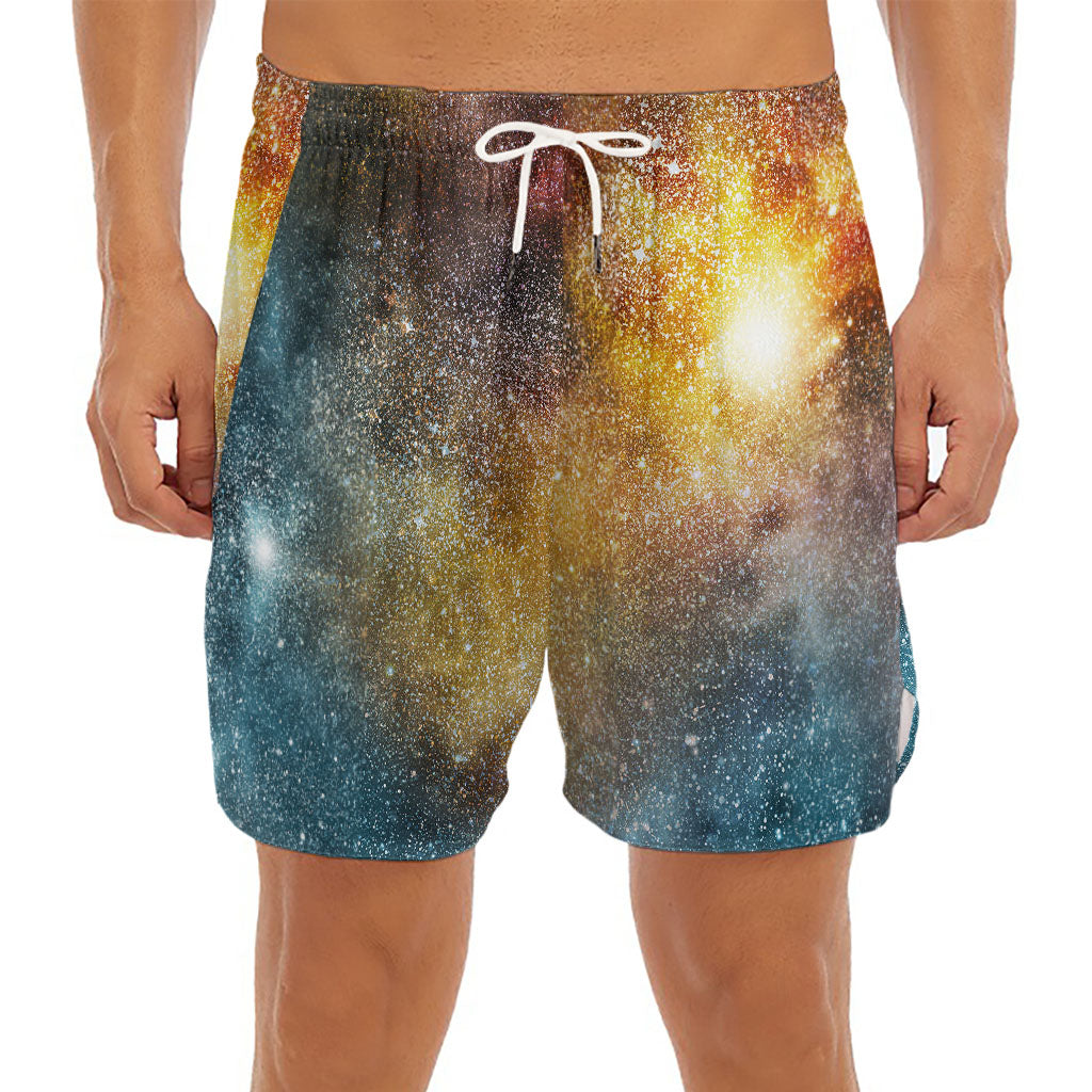 Blue Orange Stardust Galaxy Space Print Men's Split Running Shorts